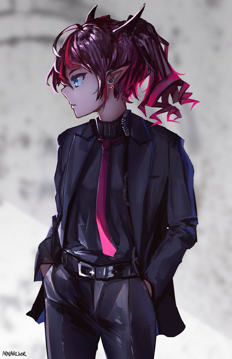irys (hololive) 1girl horns pointy ears hands in pockets necktie solo blue eyes  illustration images