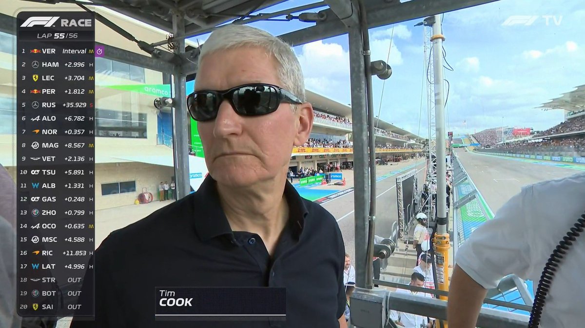 Tom Warren (@tomwarren) on Twitter photo Tim Cook at the F1 doing the chequered flag Tim Cook at the F1 doing the chequered flag