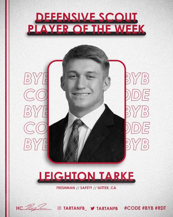 Each week our goal as a TEAM is to go 1-0! This week we couldn’t have achieved that goal without the efforts that @will_squibb and @LeightonTarke brought each day! #CODE #BYB #TartanProud