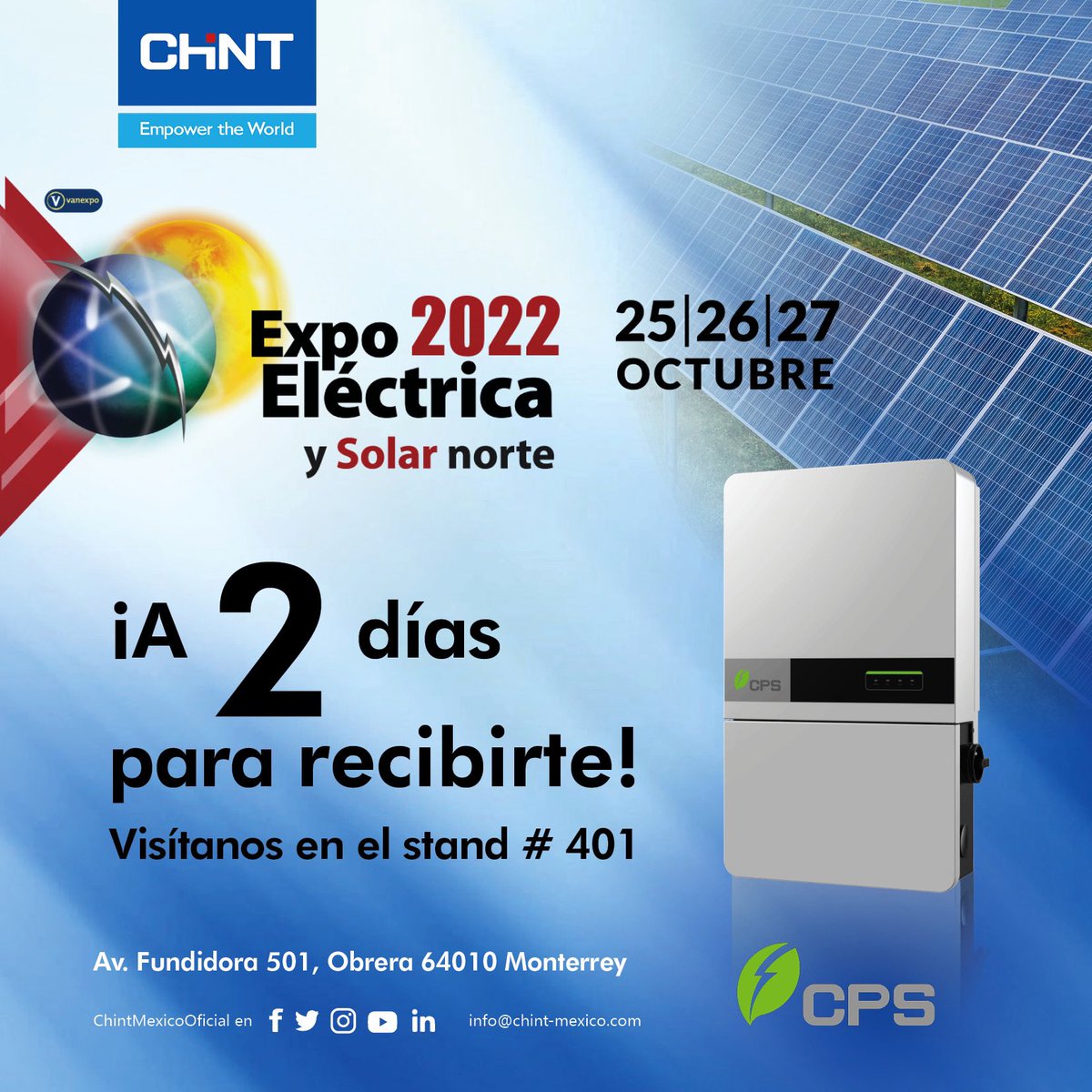 En los próximos días tendremos presencia en el stand #401 de <a href="/_expoelectrica/">_expoelectrica</a> #ConoceElPoderDeChint #ChintElectric #ChintMexico #BajaTension #CPS #Inversores #EnergiaSolar #Noark #Astronergy