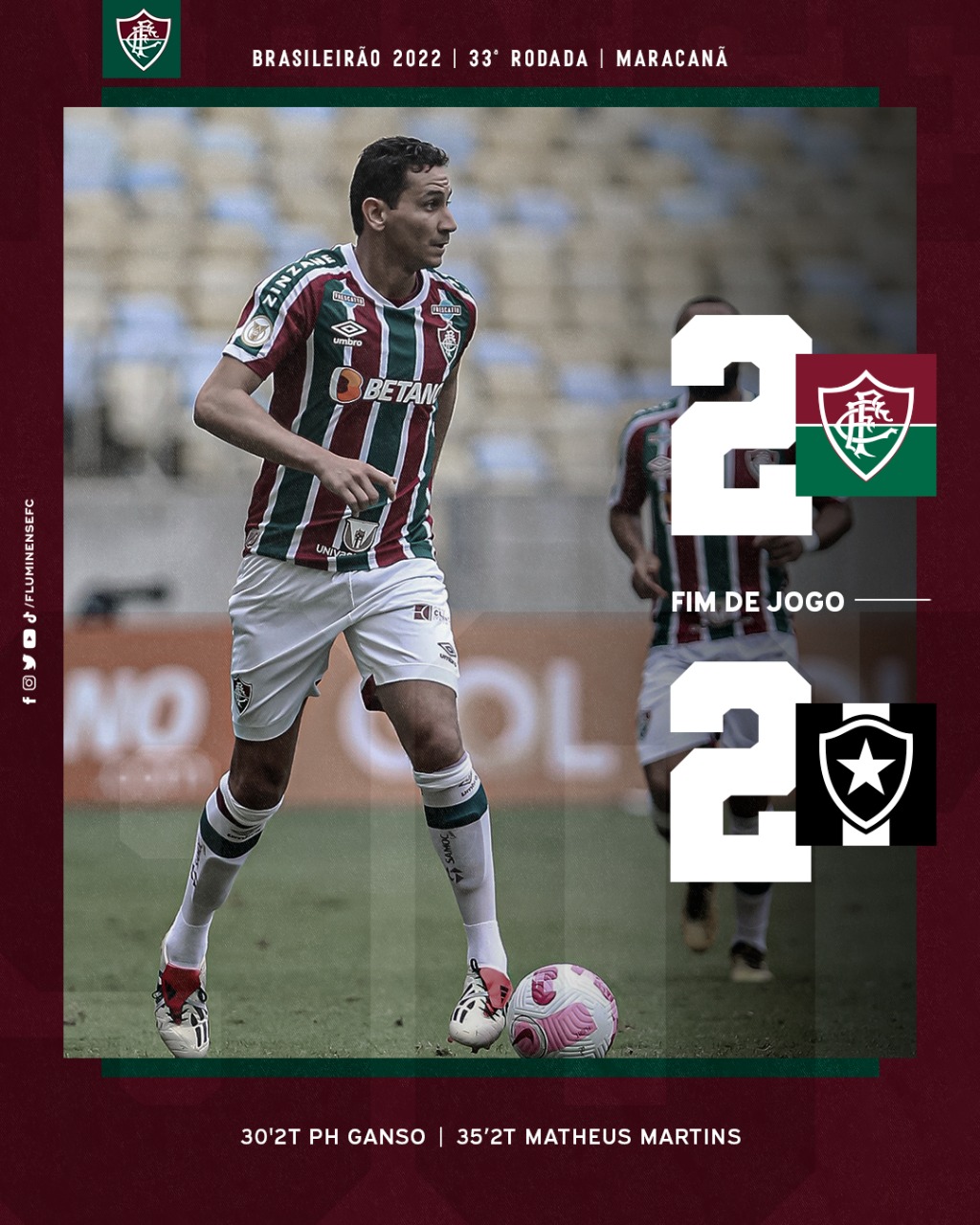 Fluminense F.C. on X: FIM DE JOGO. Flu luta até o fim e busca o empate com  o Botafogo no Maraca. PH Ganso e Matheus Martins marcaram os gols do  Tricolor.  /