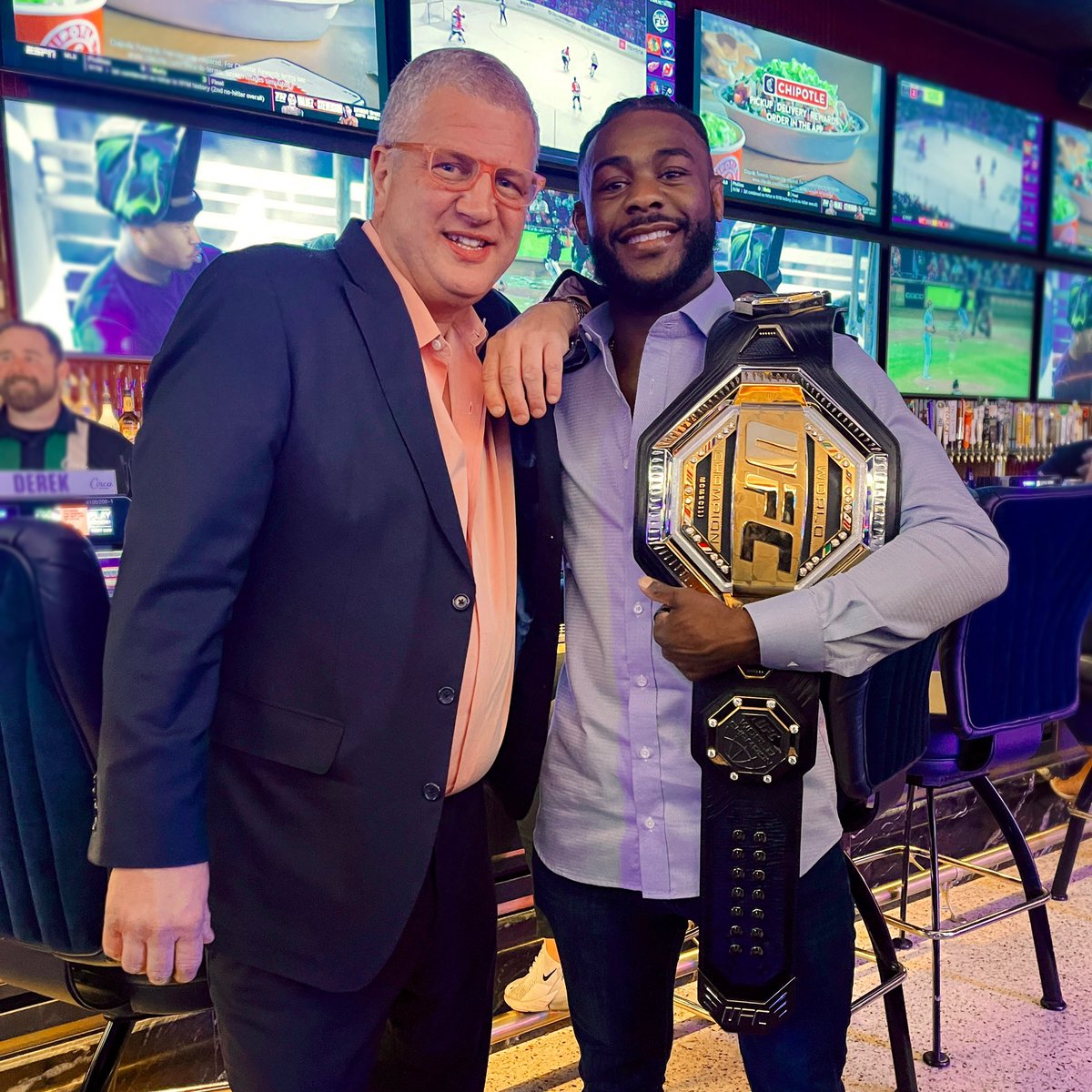 #AndStill 👏 Congratulations to Aljamain Sterling (@funkmasterMMA) on his #UFC280 victory, AND for holding the longest winstreak in bantamweight history with 8 straight! Hope to see you stop by #MEGABAR again soon to catch up w/ our CEO/owner @derekjstevens. 😎 #CircaLasVegas
