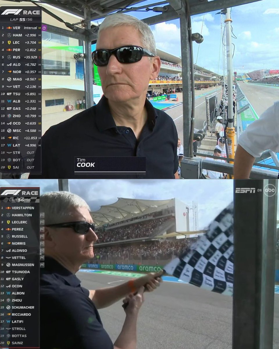 f1_collective's tweet photo. Tim Cook better calm down waving that checkered flag 

#USGP #timcook #MaxVerstappen https://t.co/SGn09l416a