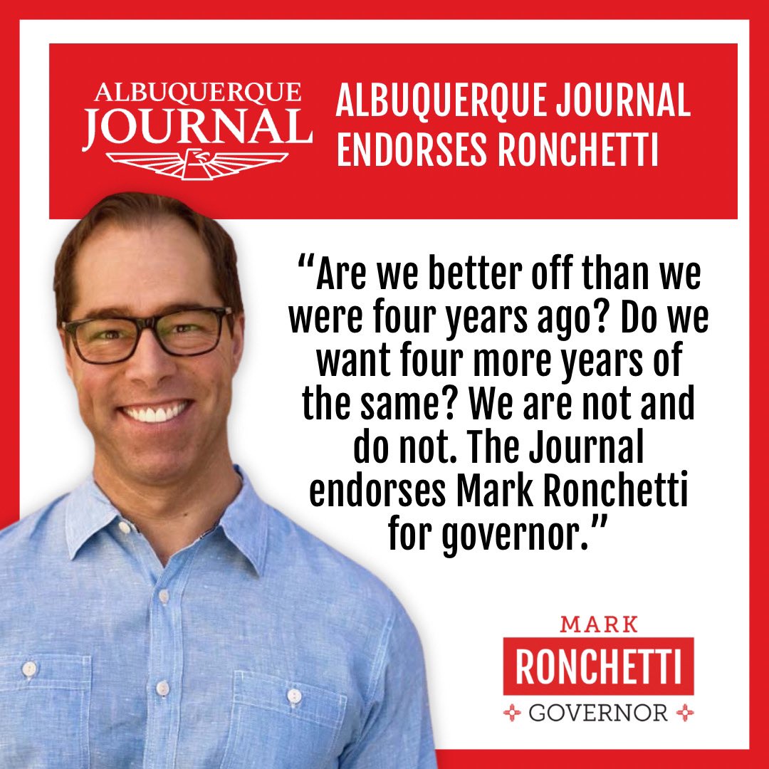 Mark Ronchetti (@markronchettinm) on Twitter photo I am honored to have the endorsement of the <a href="/ABQJournal/">Albuquerque Journal</a>.
The people of New Mexico are ready to restore public safety, help working families, and catch our kids up in the classroom. We will do this together. I am honored to have the endorsement of the <a href="/ABQJournal/">Albuquerque Journal</a>.
The people of New Mexico are ready to restore public safety, help working families, and catch our kids up in the classroom. We will do this together.