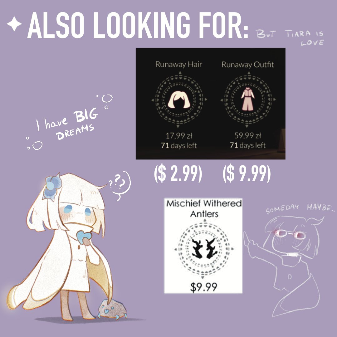 GlichyMaru's tweet photo. 🔥 [ OPEN ] - IAP commissions

Tiara We Can Touch ($4.99) - [0/1]
Runaway Hair ($2.99) - [0/1]
Runaway Outfit ($9.99) - [0/1]
Mischief Withered Antlers ($9.99) - [0/1]
#iapcommissions #seasonofaurora #seasonofauroracommissions #skycommission #skycommissions #skychildrenoflight https://t.co/CCiIUf5VXC