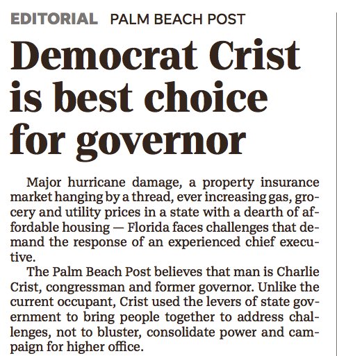I'm honored to earn the support of the @pbpost! Floridians are ready to unite, protect a woman’s right to choose, and make Florida more affordable — and in 16 days, we’ll do just that.
