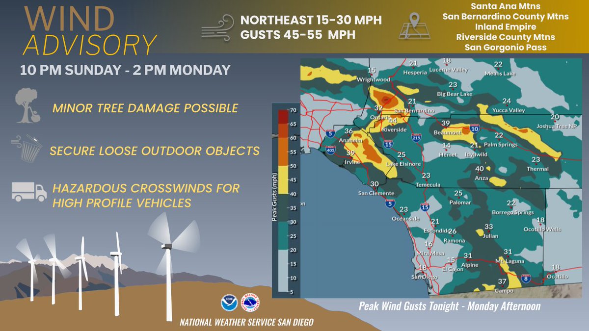 Wind Advisories go into effect at 10 PM tonight for the San Bernardino/Riverside/Santa Ana Mountains, as well as the Inland Empire and the San Gorgonio Pass. The strongest Santa Ana winds occur late tonight into Monday morning, so stay weather aware this evening! #CAwx