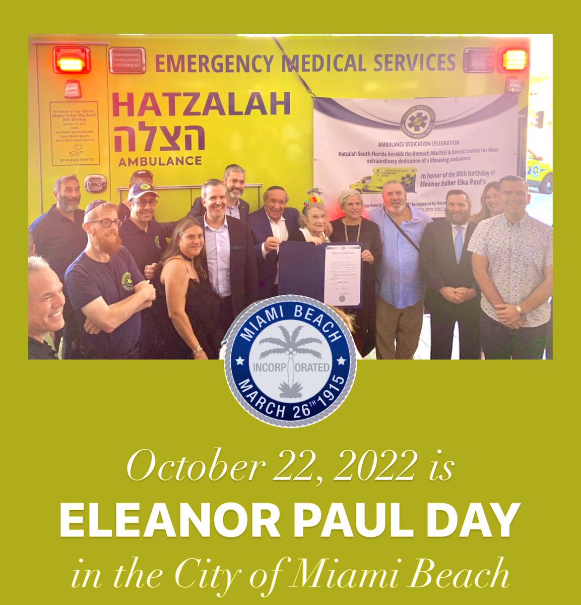 alexjfernandez's tweet photo. 🎉 Happy 80th birthday dear Eleanor

Such a joyful occasion to proclaim Eleanor Paul Day surrounded by her 5 children 27 grandkids 28 great grandkids

Now there is even a @HatzalahSoFla ambulance dedicated in her honor

Thank you @StevenMeiner for joining me for this proclamation https://t.co/JWiHJU4re6