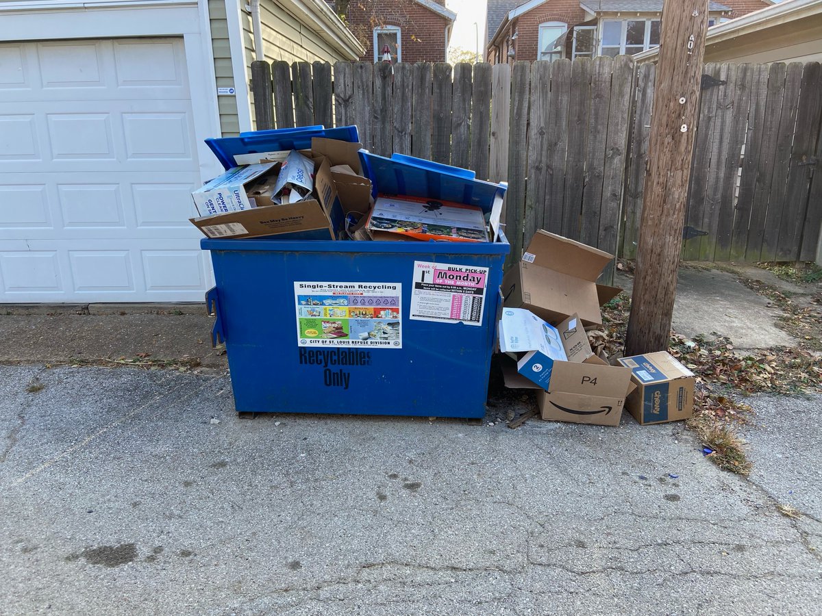 Schweitzer88's tweet photo. Stacking your unflattened boxes by the recycling bin is dumping. It can incur up to a $1,000 fine per incident. Your neighbors can (and, in my opinion, should) read your address, take photos, and report to @stlcsb. The disrespect this shows city workers is unacceptable. https://t.co/97lqAnxAgI