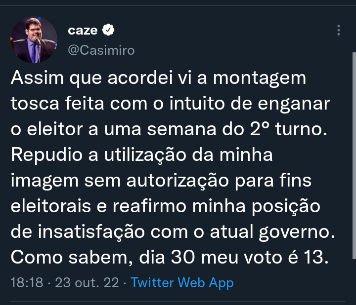 Espalhem isso aí ao máximo, pois nunca se sabe até onde chegou a fake news produzida por Flávio Bolsonaro.

No dia 30, Cazé é 13!