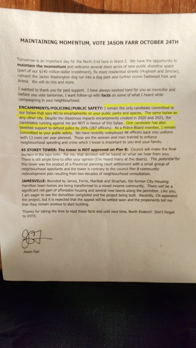 kels_sutcliffe's tweet photo. I don't think he even tried, just broke out the old canon printer and a highlighter. No contact info, no how to get to the polls info, nothing constructive. Everyone who can vote in ward 2 needs to get this ding dong out. #HamOnt https://t.co/rxJ1kLOwuj