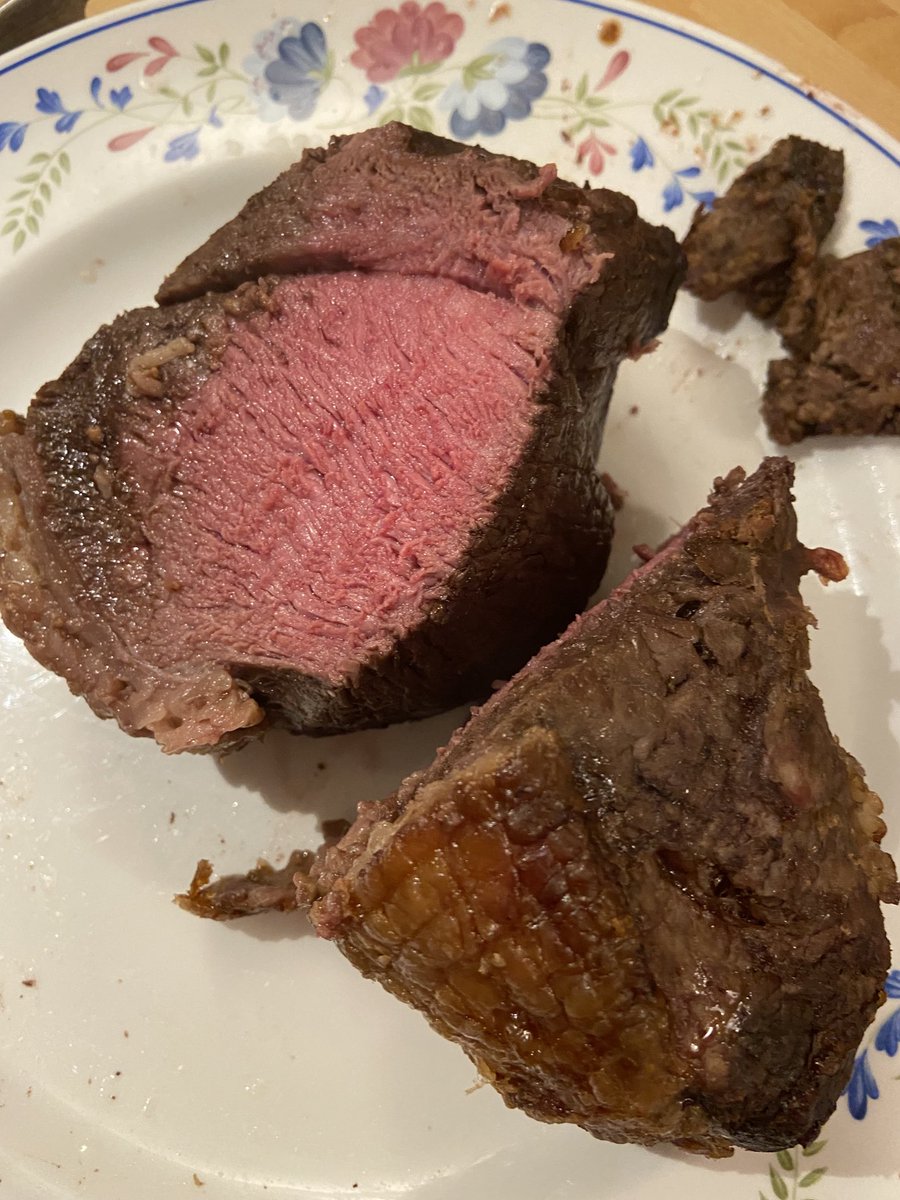 Success! Beef done in air fryer. 1hr at 130 degrees + 1hr at 180.