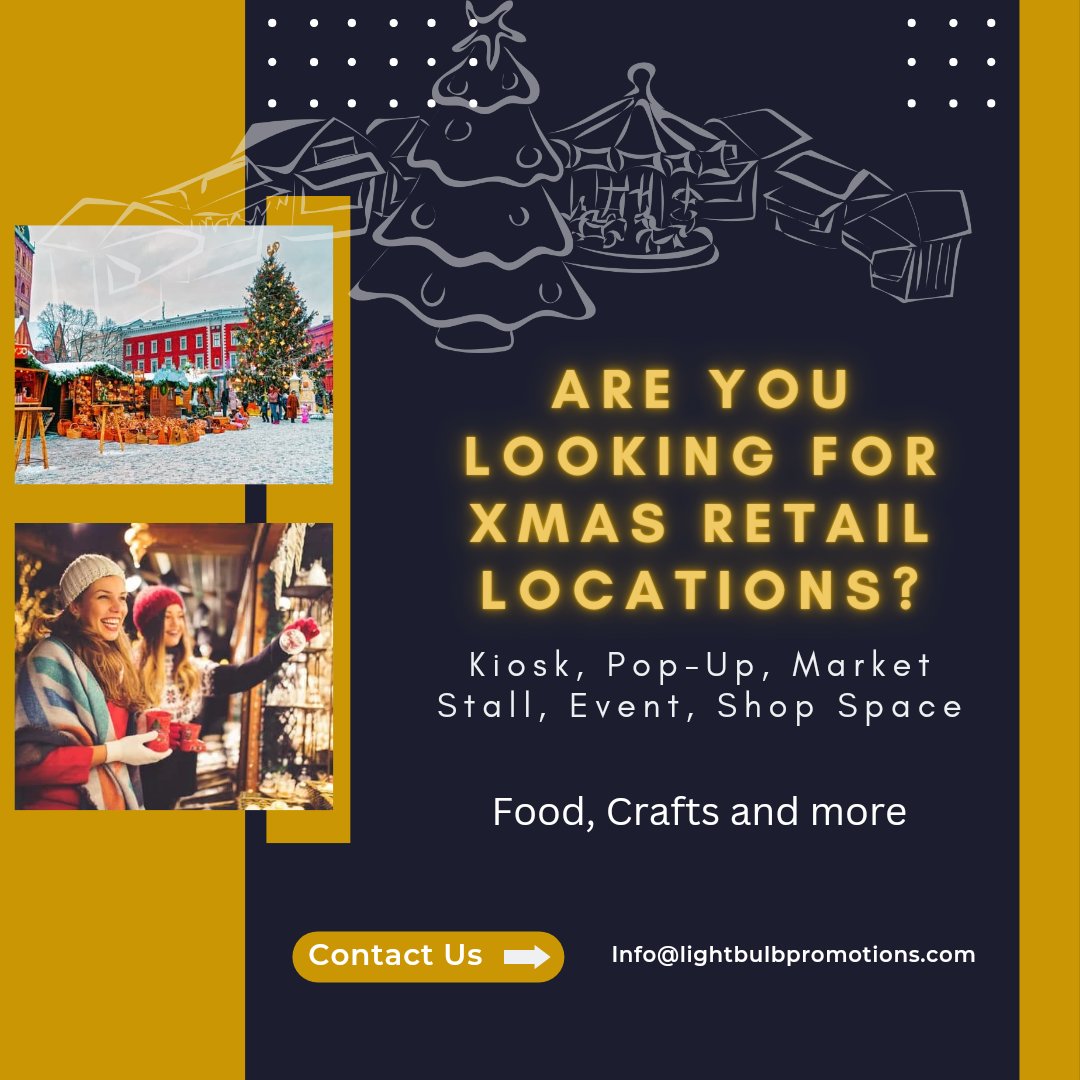 LightbulbPromo1's tweet photo. We know the C word before Halloween #sorry
Last minute UK locations for:
#craft
#christmasmarket
#christmasbars
#Kiosks
#RMUs
#Craftcarts
Get in touch today.
Info@lightbulbpromotions.com
#retail #findastall #xmas #support #supportsmall #Christmas2022 https://t.co/rJnNKy7BS6