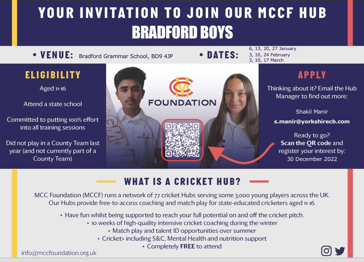 MCCF Hub Bradford Boys - registration is now open. 
Scan the QR code and register your son now. 

#MCCF