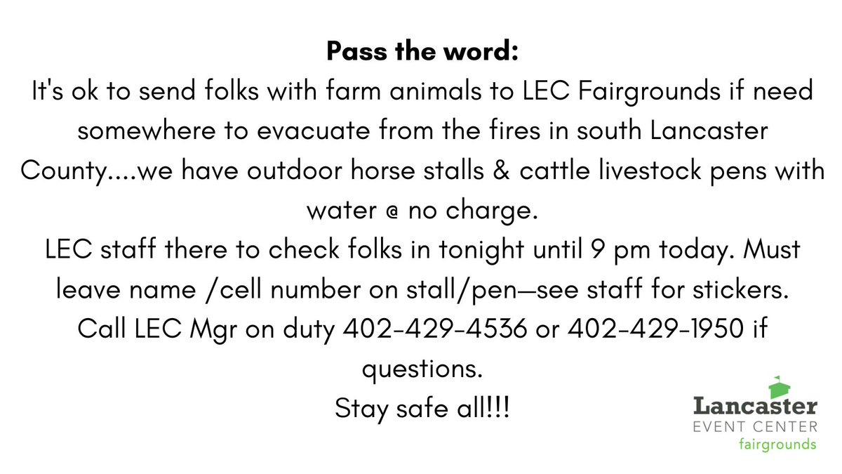 PASS THE WORD  to anyone affected by fires in south Lancaster County who may need to evacuate farm animals! Stay safe everyone.💚