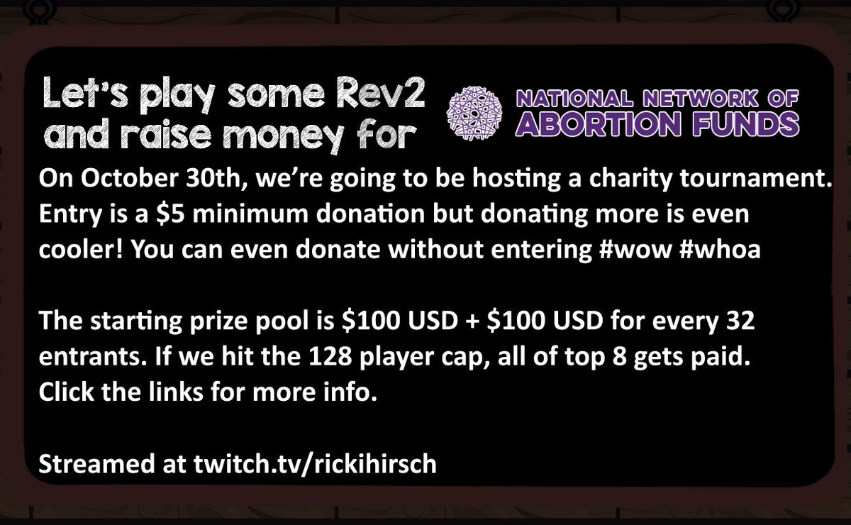 Ricki_Hirsch_'s tweet image. Sunday evening (10/30) at 6pm EST let's push buttons and raise money for charity. Open to all of NA and capping at 128 players. $100 pot bonus that grows as more people register. 

Registration: start.gg/tournament/gui…

Donations: tiltify.com/@ricki-hirsch/…