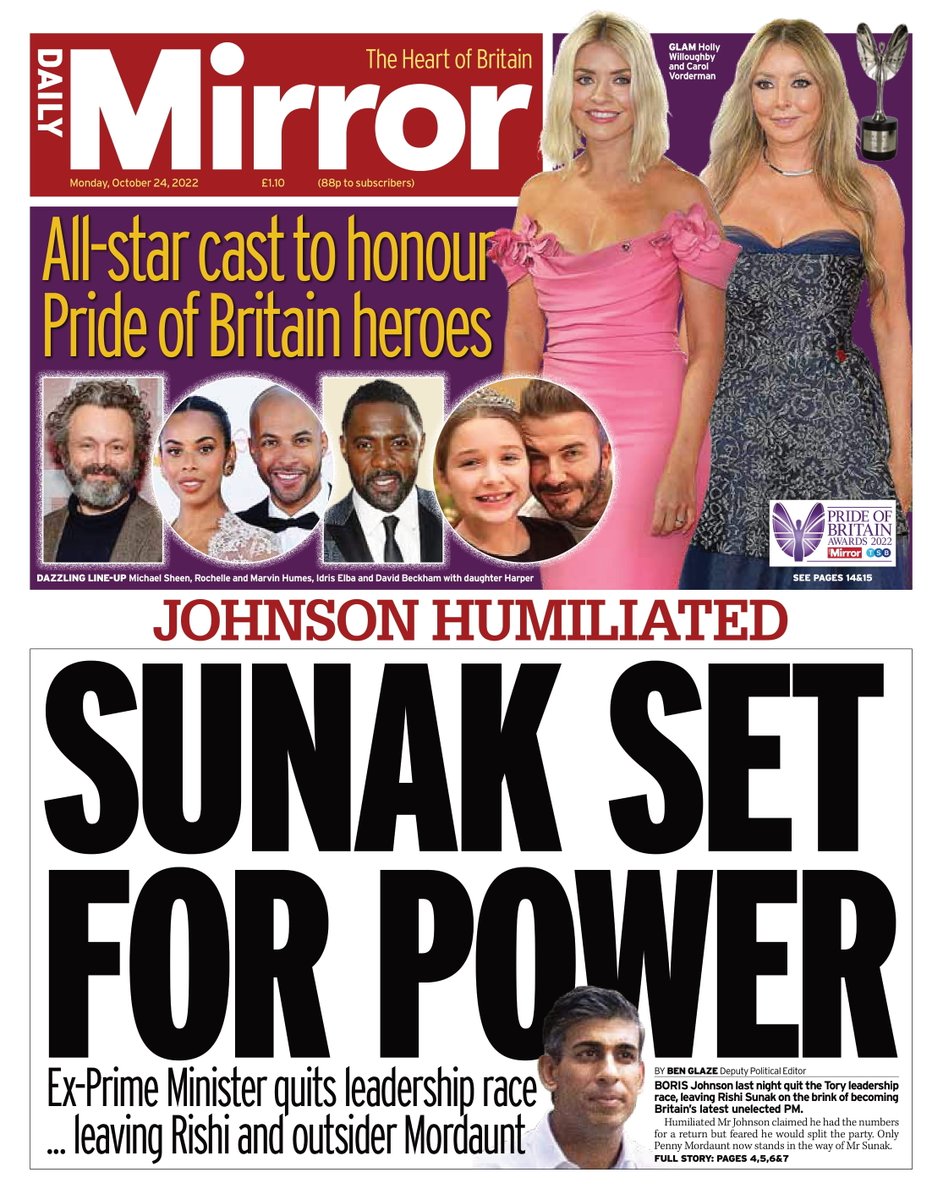 Mirror: JOHNSON HUMILIATED - Sunak set for power #TomorrowsPapersToday