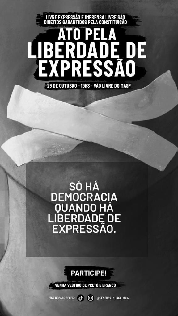 25 de outubro, terça-feira, MASP.

Ato em defesa da liberdade de expressão no Brasil.

Eu vou. Encontro vocês lá.