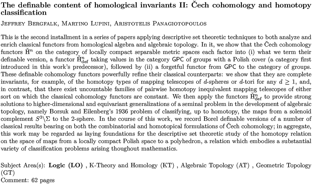 arxiv.org/abs/2210.11098…
J Bergfalk et. al.
The definable content of homological invariants II: Čech cohomology
  and homotopy classification