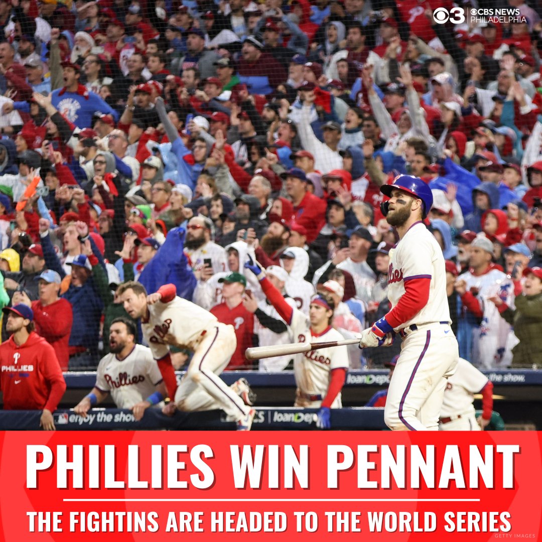 CBSPhiladelphia's tweet photo. WORLD SERIES BOUND: Bryce Harper hit a go-ahead home run in the bottom of the eighth and Rhys Hoskins went yard as the Phillies beat the Padres, 4-3, to comeback and punch their ticket to the World Series for the first time since 2009. https://t.co/MwvoJ9gz4E https://t.co/5JUifXszVS
