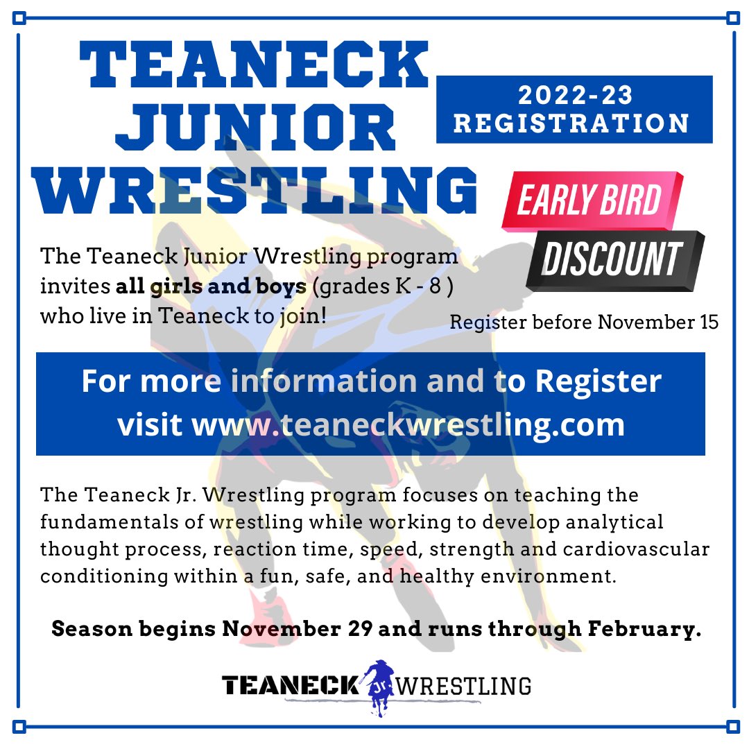 Teaneck Jr. Wrestling season is a go! Registration now open! Visit teaneckwrestling.com for details @ Teaneck, New Jersey