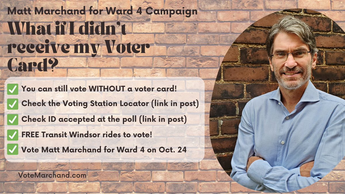 🗳️If you didn't receive a Voter Card, check out the following handy links:

✅Voting Station Locator: citywindsor.ca/cityhall/Munic…

✅Identification Accepted at the Poll: citywindsor.ca/cityhall/Munic…

✅Voter Info for the October 24 Municipal Election: citywindsor.ca/Newsroom/Pages…