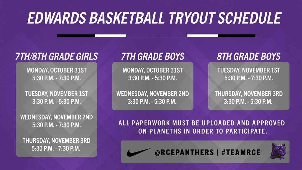 Boys and Girls Basketball tryouts are Monday 10/31 through Thursday 11/3. All paperwork must be complete on PlanetHS in order to participate. #teamRCE 🏀🐾