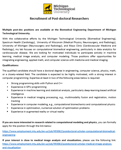Post-doc positions available in Dr. Jingfeng Jiang's lab @BiomedMtu @ICC_MTU @HRI_MTU. If you are interested in research related to computational modeling and physics: lnkd.in/gHZuyP_6 If your interest is in medical image analysis & visualization: lnkd.in/gy5YdBqU