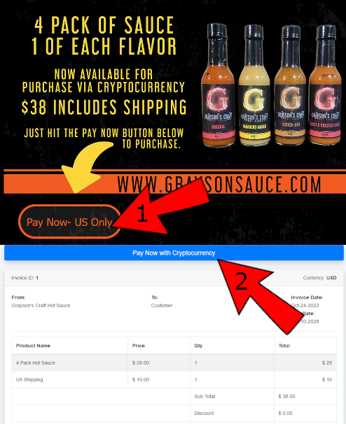 🌶️Grayson's Craft Hot Sauce is pleased to announce that we are accepting different #cypto currencies including #ergo and #sigmausd

Users will receive a 3% discount for a limited time! We are offering one set for now but hope to offer more in the future
🔥graysonsauce.com/crypto-purchase
