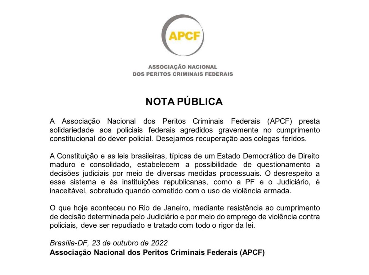 PericiaFederal's tweet photo. Nota Pública - APCF repudia agressão a policiais federais no RJ

🔗https://t.co/EiztbUD5Wu https://t.co/LlbZuNORAD