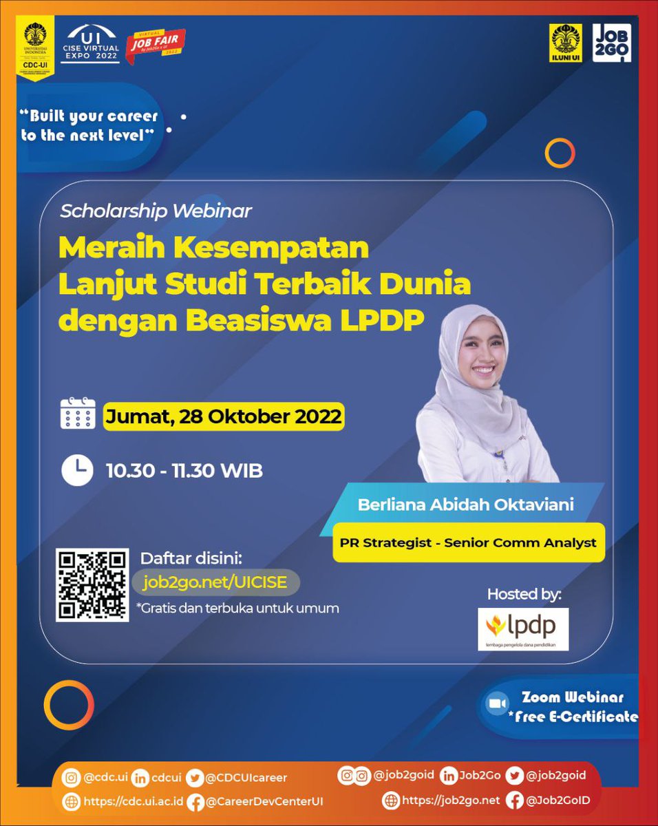 alumniUI's tweet image. Topik: Meraih Kesempatan Lanjut Studi Terbaik Dunia dengan Beasiswa LPDP
- Berliana Abidah Oktaviani (PR Strategist - Senior Comm Analyst)
Hari/tanggal: JUMAT, 28 OKTOBER 2022
Waktu: 10:30 - 11:30 WIB
Media: Zoom Webinar
Link pendaftaran: job2go.net/UICISE