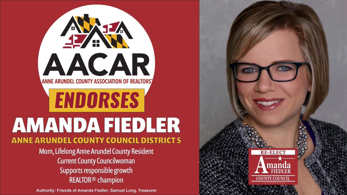 It's official! Anne Arundel County Association of Realtors endorse Amanda Fiedler as their recommended candidate citing her being a Mom, a lifelong County resident, and her record of supporting responsible growth initiatives.

This November, vote to re-elect Amanda Fiedler!