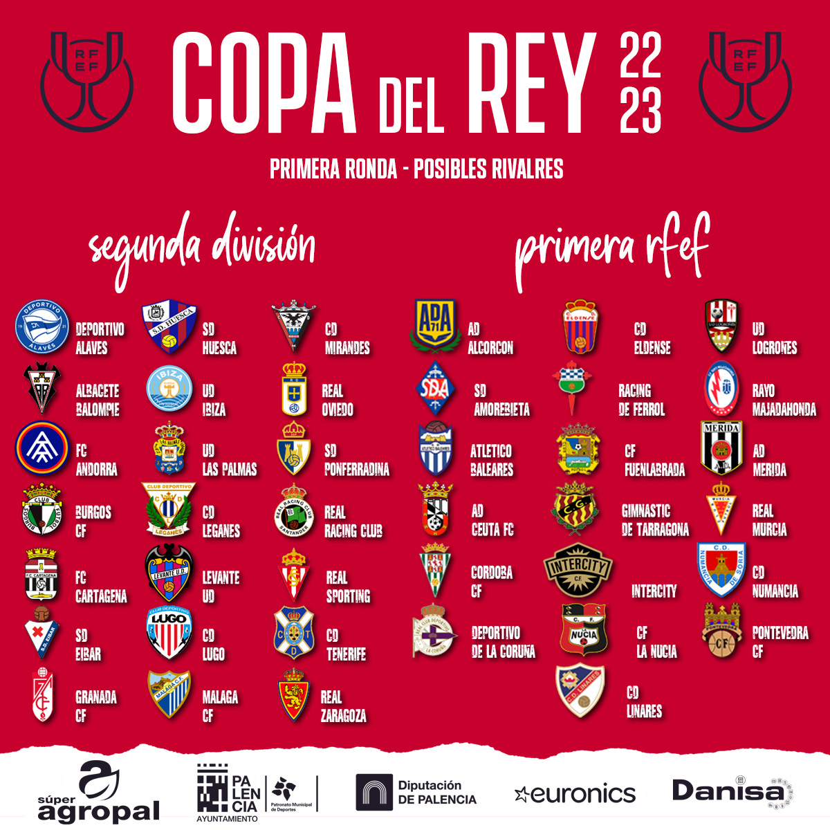 👑⚽️ 🅲🅾🅿🅰 🅳🅴🅻 🆁🅴🆈 ⚽️👑
Llega el momento de volver a soñar con la Copa, porque la <a href="/lacopamola/">La primera!!!!!!!!!!</a> 🏆 Desde las 1️⃣2️⃣:3️⃣0️⃣ sorteo de la primera eliminatoria de la #CopaDelRey alli estará la bolita con el nombre del 𝐏𝐂𝐀. Nuestro rival será un segunda o un primera rfef.