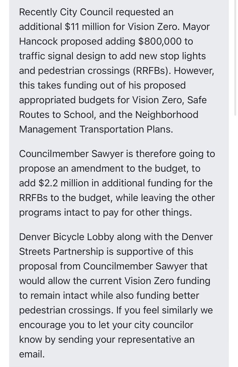 🚨 Vision Zero Funding Alert 🚨 Click on link below to email your Councilperson ASAP & ask them to support @DenverCouncil5’s amendment to the budget for $2.2 million in additional funding for RRFBs while leaving the other vision zero programs intact. denverbicyclelobby.com/emails.html