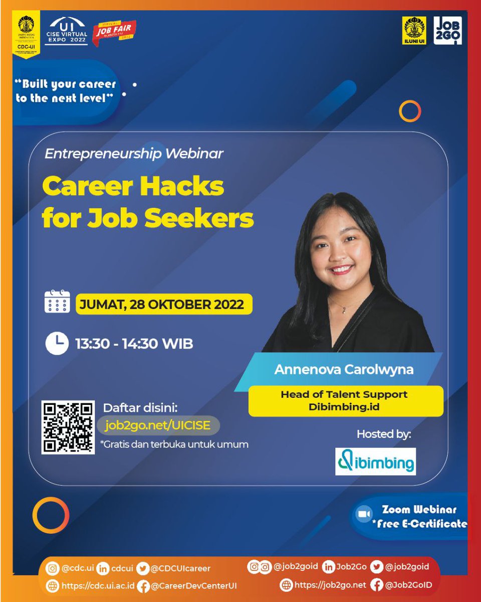 alumniUI's tweet image. Topik: Career Hacks for Job Seekers
- Annenova Carolwyna (Head of Talent Support)
Hari/tanggal: JUMAT, 28 OKTOBER 2022
Waktu: 13:30 - 14:30 WIB
Media: Zoom Webinar
Link pendaftaran: job2go.net/UICISE