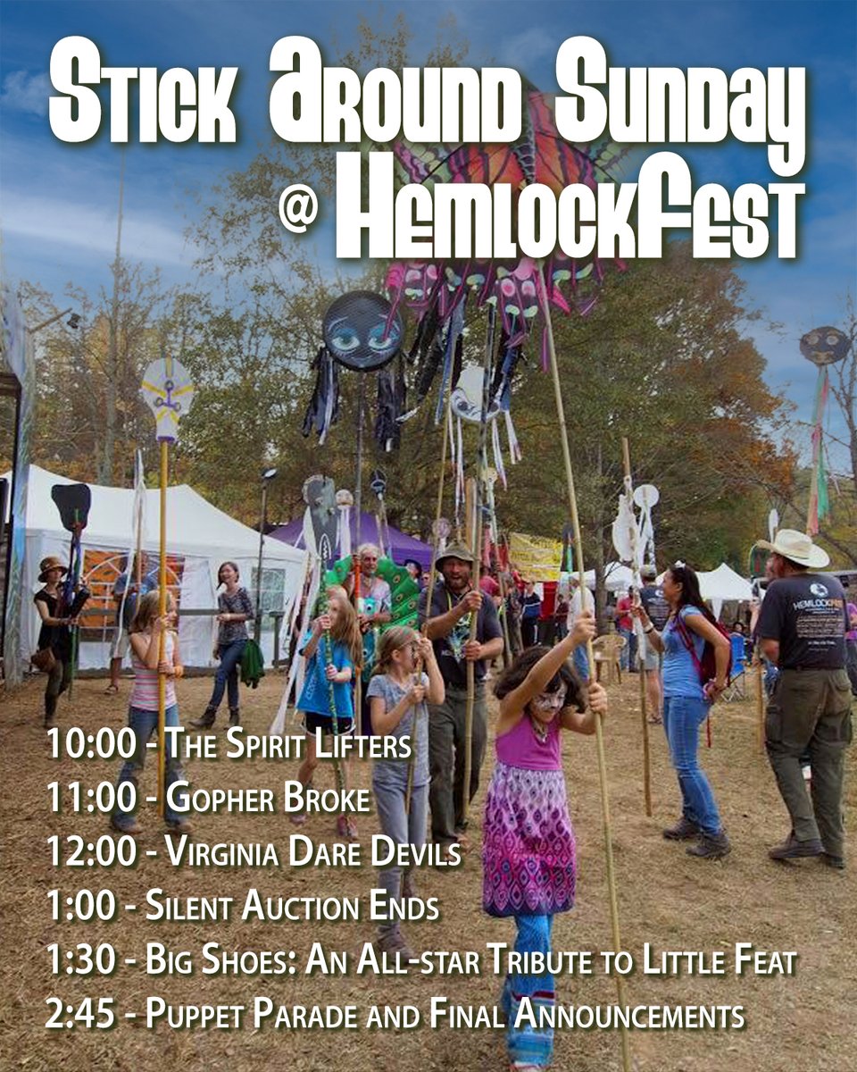 Sundays are special at HemlockFest. Stick around this year for a great musical lineup ending up with Big Shoes: A Tribute to Little Feat and an annual favorite, the HemlockFest Puppet Parade. #hemlockfest2022
#northgeorgiamusicfestivals
#savethehemlocktrees
#fallinlovewiththevibe