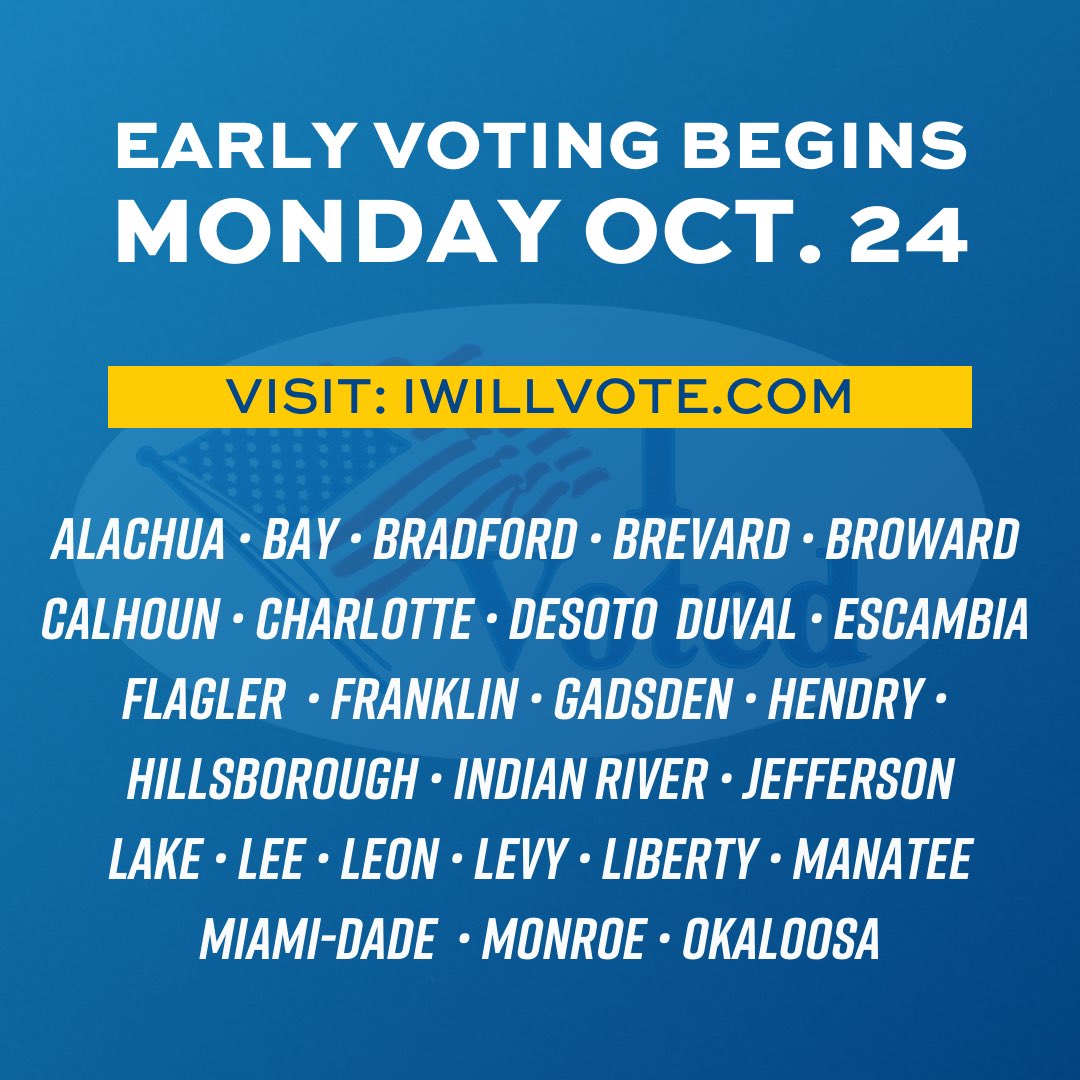 Florida, early voting begins TOMORROW for several counties. If you’re planning to vote in-person, you can find your polling location at iwillvote.com. Let’s do this!
