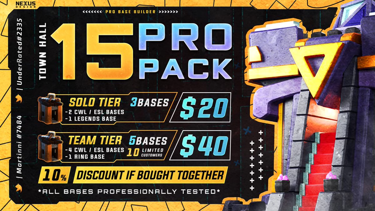 Martinni (@mart1nni) on Twitter photo Hey! 😎
I'm doing a collab! W/ <a href="/UnderRatedCoC/">UnderRated</a> in a TH15 PRO Pack also featuring @DebochadoEdu! 🇧🇷
We're announcing some bases to our customs and you can be one of them too!
🥰
📢 Pre Order ALREADY OPEN!
The bases will be sent Tuesday 16:00 EST.
Get yours! Hey! 😎
I'm doing a collab! W/ <a href="/UnderRatedCoC/">UnderRated</a> in a TH15 PRO Pack also featuring @DebochadoEdu! 🇧🇷
We're announcing some bases to our customs and you can be one of them too!
🥰
📢 Pre Order ALREADY OPEN!
The bases will be sent Tuesday 16:00 EST.
Get yours!
