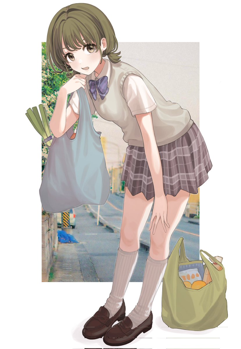 1girl solo skirt bag socks school uniform bow  illustration images
