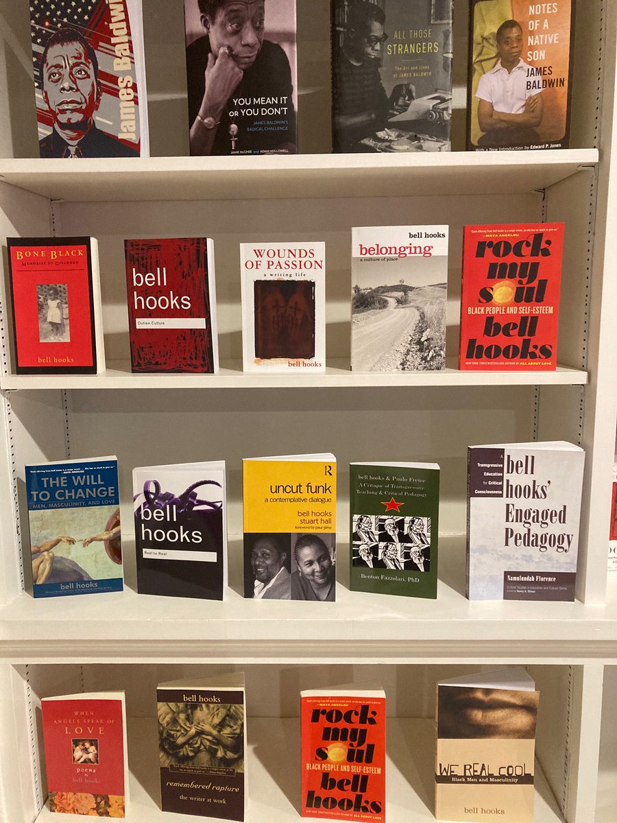 these are some of the books on the shelves—primarily an assortment of work by Baldwin, hooks, former PHD classmates, and other brilliant black writers across a variety of genres.