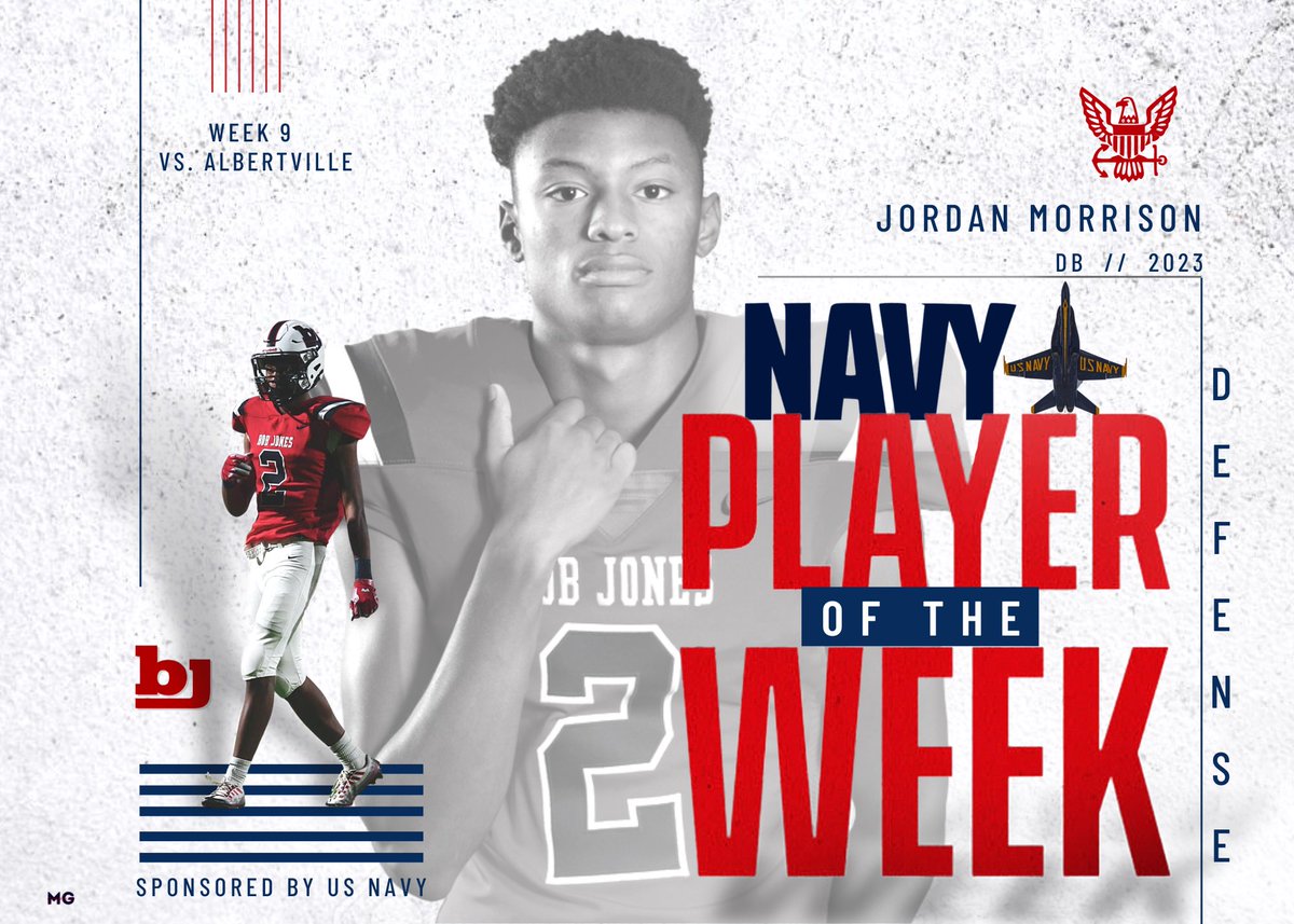 Congratulations to Jordan Morrison (<a href="/JordanM21/">Jordan Morrison</a>) for being chosen as this weeks Defensive US Navy Player of the Week! 

Week 9 Stats:
1 Tackle
1 Interception 
1 Blocked Field Goal

#TheTimeIsNow |  #weareBOBJONES