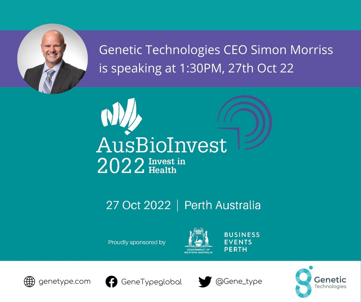 Gene_type's tweet photo. Our CEO Simon Morriss will be speaking at the upcoming AusBioInvest 2022 Conference this Thursday 27th October at The Perth Convention and Exhibition Centre. Learn more here: https://t.co/O4zqpQabkM
@AusBiotech #ausbio22 #AusBio #AusBioInv #GeneType #AusBiotech #lifesciences https://t.co/XhJ7Vbqpdr