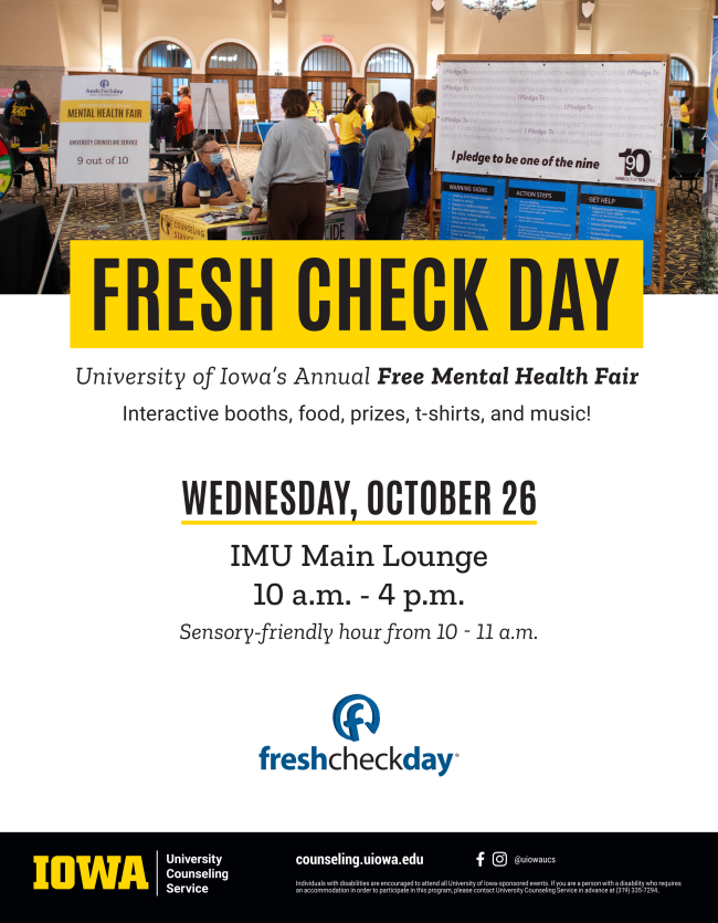 NAMIJCIowa's tweet photo. Join us on Fresh Check Day!

Wednesday, Oct. 26. 

#MentalHealthForAll #Together4MH #NotAlone #RPlace #NAMIJC #NAMIWalks #NAMIIowa #Awareness #StopTheStigma #MentalIllness #MentalHealth #MentalHealthFair #IowaCity #IMU #SensoryFriendly #Prizes #UniversityOfIowa #UOfI #Hawkeyes https://t.co/anHfJgiEH1