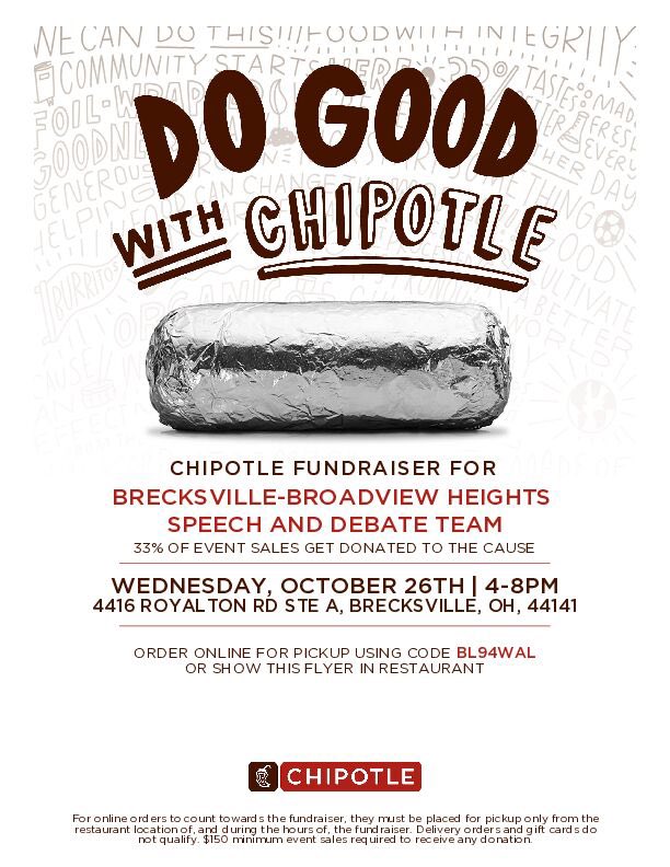 spatrick125's tweet photo. BBH Speech and Debate Team kicks off their season with a Chipotle fundraiser on Wednesday, October 26th, 4-8pm.  Come out and support your Talking Bees!   @_BBHHS @KevinJakub @BBHHSorchestra #talkingbees https://t.co/nROSP7jkIN