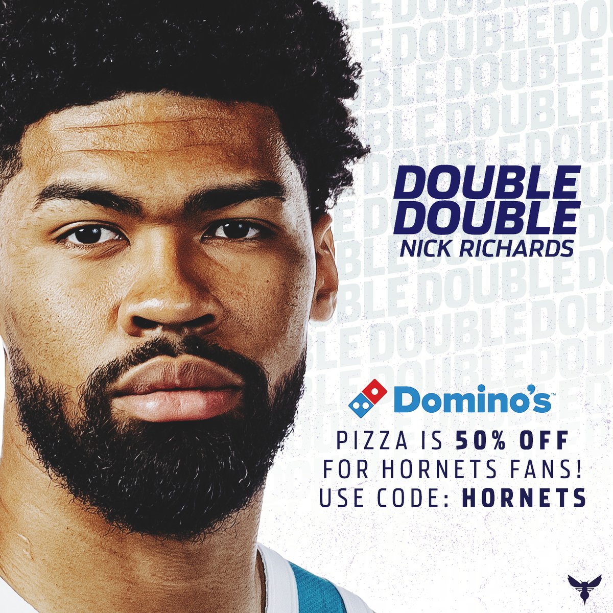WHAT'S BETTER THAN DUBS AND PIZZA. Use code HORNETS for 50% off @yourlocaldomino pizza tomorrow!!! Available throughout the greater Charlotte area, Hickory and Chapel Hill. Not available at all locations.