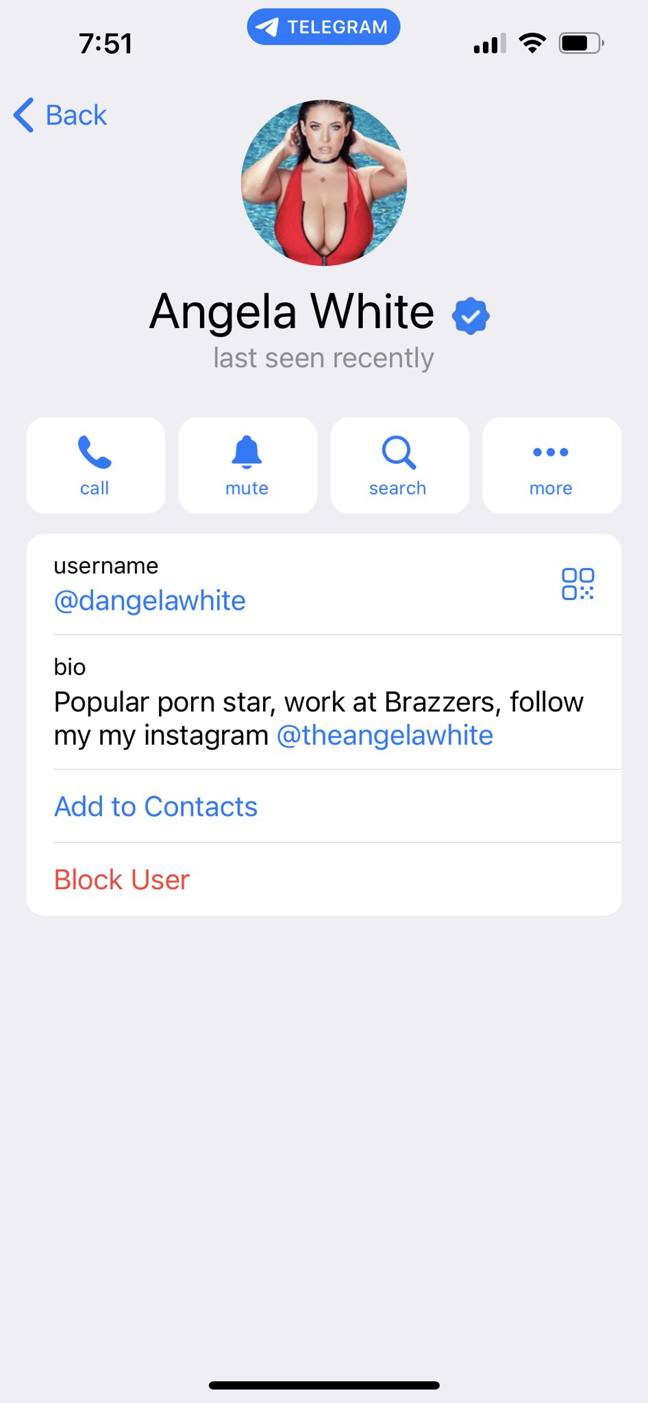 ANGELA WHITE on Twitter: "This is CRAZY! @telegram has verified a FAKE account. This is NOT me