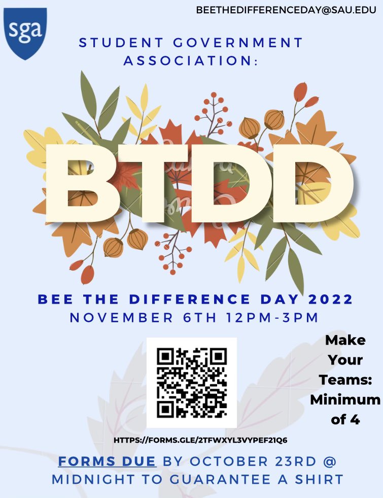 sga_sau's tweet photo. Sign up and join us for Bee The Difference Day on November 6th from 12:00-3:00 pm! Go Bees! https://t.co/T7ltGVsEAD