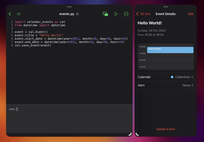 Pyto and Calendar opened side by side. Pyto shows a script that adds an event called “Hello World!” to the Calendar. Calendar shows the added event.