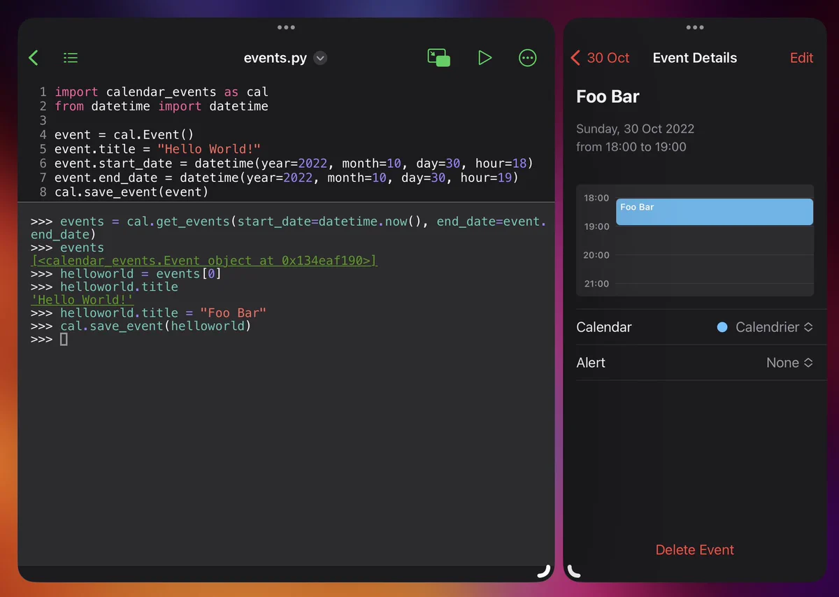 Pyto and Calendar opened side by side. The Pyto window has a REPL with code to modify the previously added event, by changing its title to “Foo Bar”. The Calendar shows the event with its new title.
