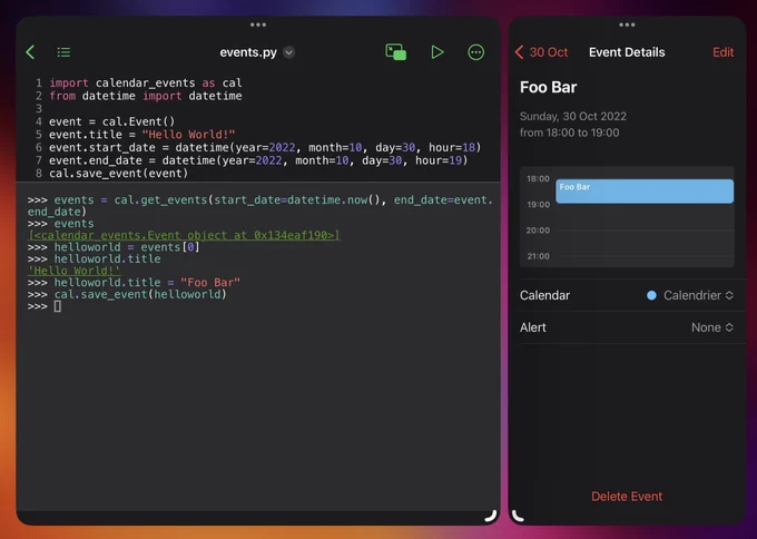 Pyto and Calendar opened side by side. The Pyto window has a REPL with code to modify the previously added event, by changing its title to “Foo Bar”. The Calendar shows the event with its new title.